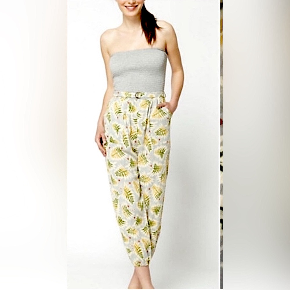 Anthropologie Lilka Strapless Yellow Gray Motif Belted Jumpsuit Pockets Small